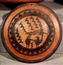 Cover of a funerary urn depicting an ibex and a geometric pattern, from the Indus Valley, Pakistan, 3000-1500 BC